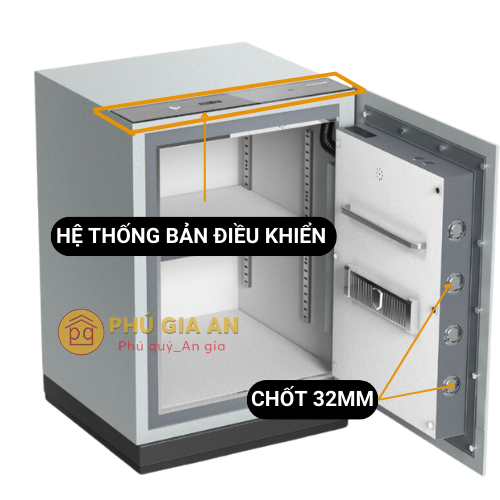 Bảng cảm biến thông minh nằm bên trên mặt két, sáng lên khi chạm vào. Bảo mật kiên cố với hệ thống chốt dày đến 32mm, không thể cạy phá hay xâm phạm